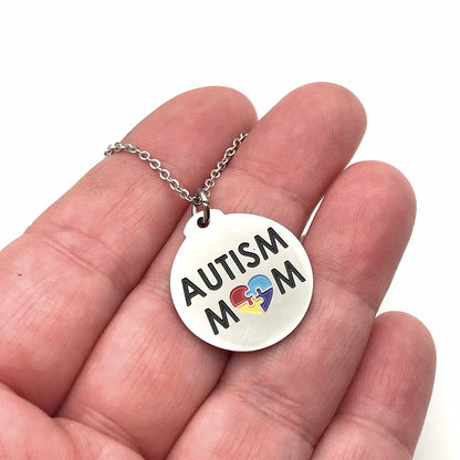 Autism Mom Pendant Necklace with Spectrum Colors Puzzle Piece Autism Jewelry Gifts for Mom Autistic Awareness