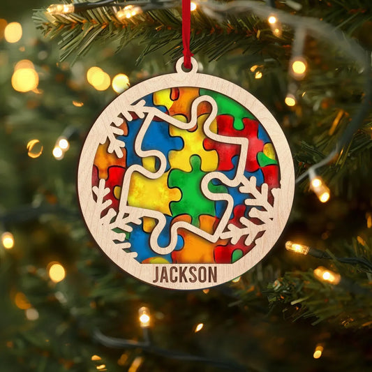 Personalized Autism Layered Christmas Tree Wood  Ornament