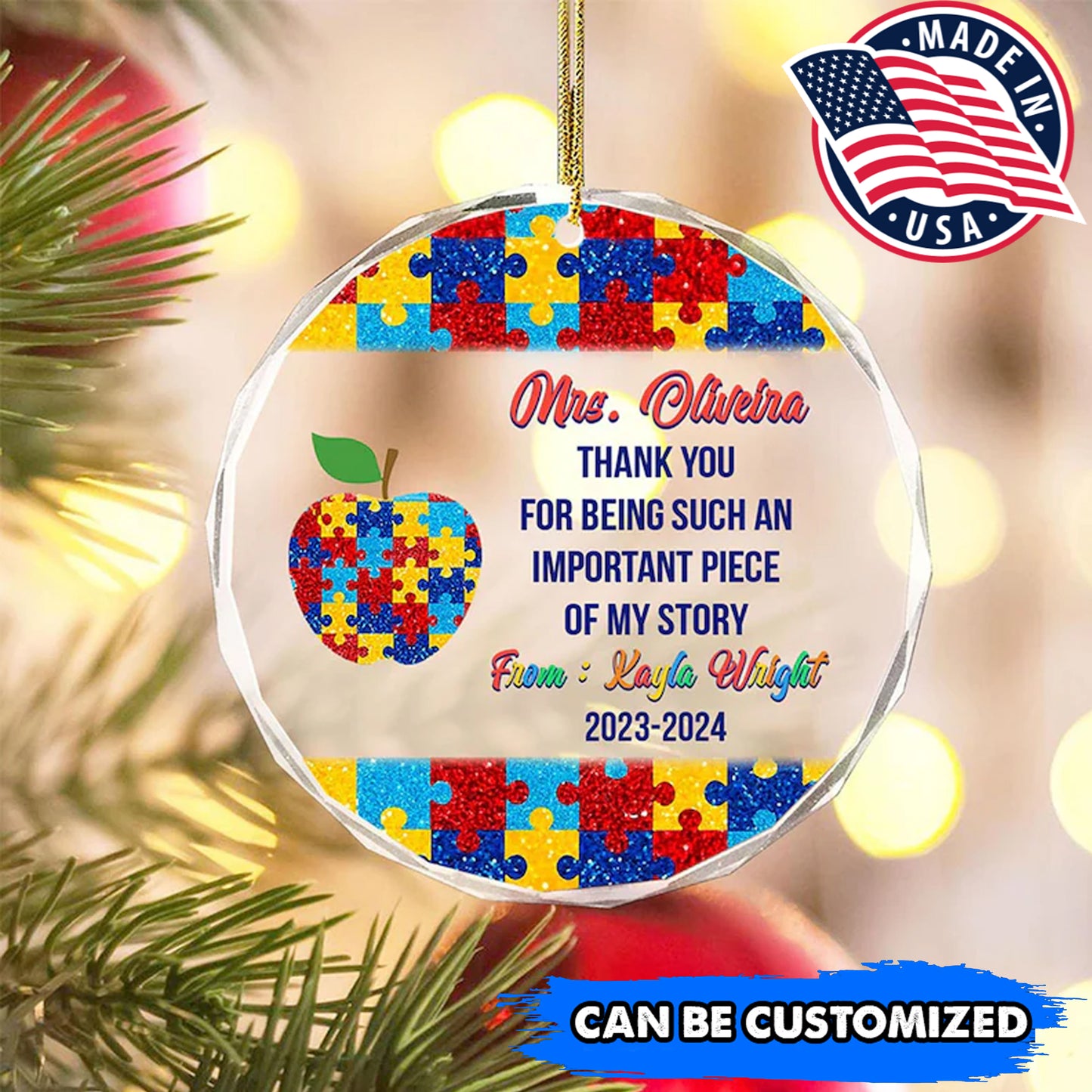 Custom Thank You For Being Part Of My Story Autism Glass Ornament