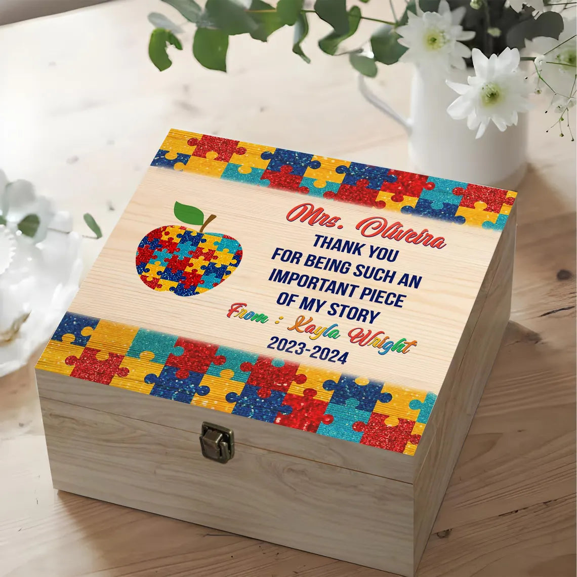 Personalized Autism Teacher Thank You Wood Box – Awareness & Support Gift