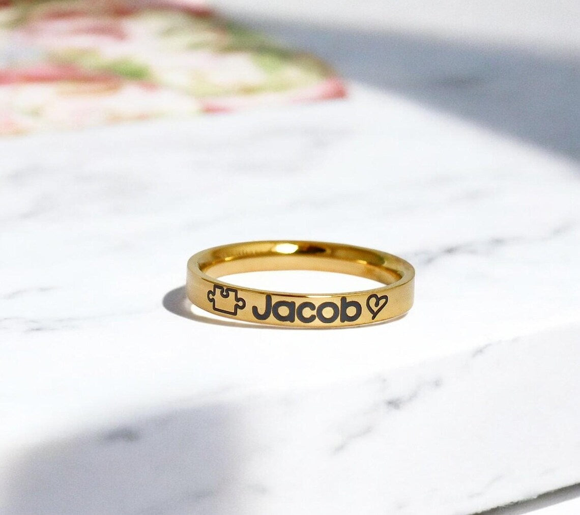 Personalized Name Autism Puzzle Ring ,  Silver, Rose Gold, Gold