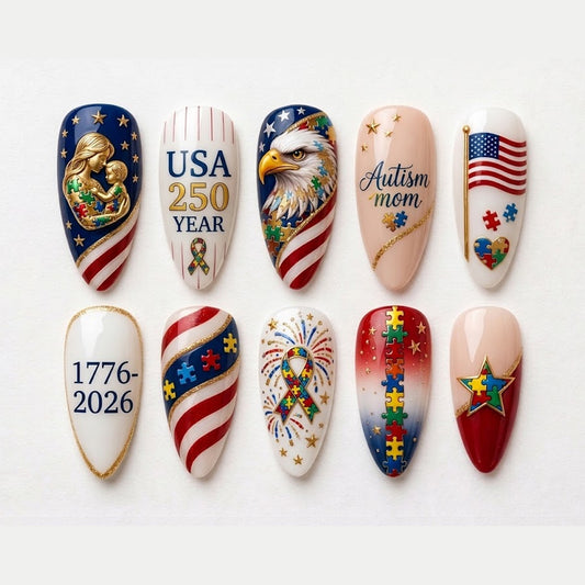USA 250 Years: Proud Autism Mom Custom Nail Art