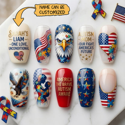 Custom Name USA Autism Awareness Nail Set