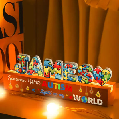 Personalized Name Autism Night Light With Wooden Base, 3D Lamp Gift For Autism Child