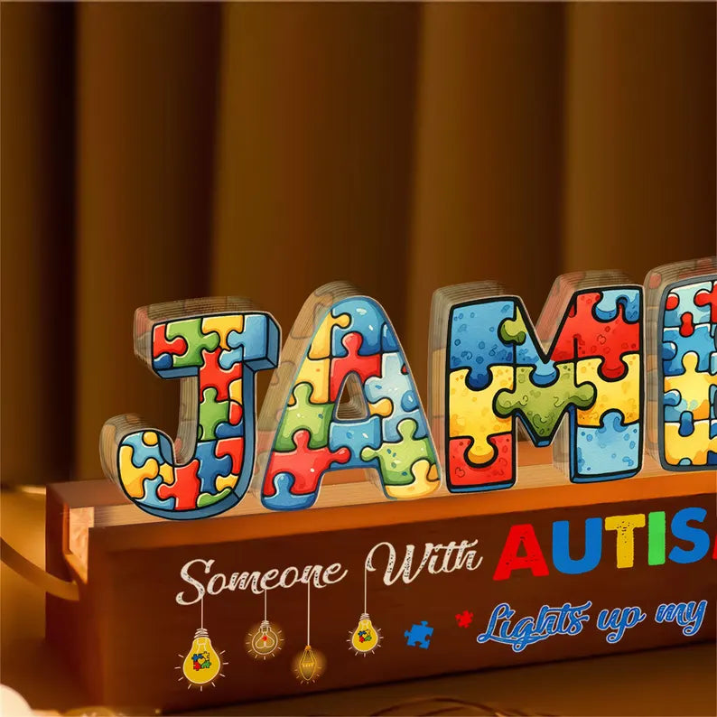 Personalized Name Autism Night Light With Wooden Base, 3D Lamp Gift For Autism Child