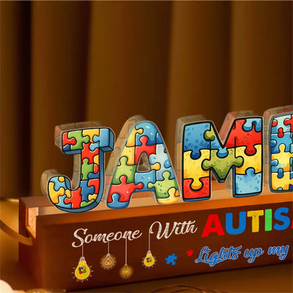 Personalized Name Autism Night Light With Wooden Base, 3D Lamp Gift For Autism Child