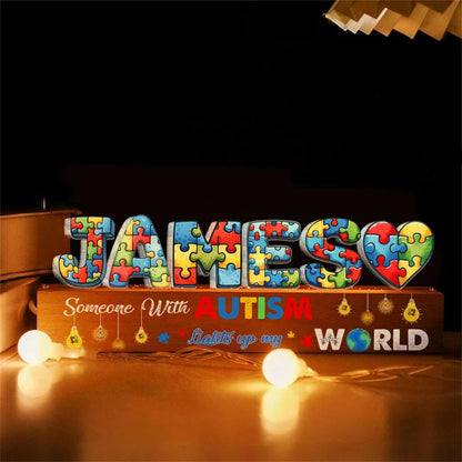 Personalized Name Autism Night Light With Wooden Base, 3D Lamp Gift For Autism Child