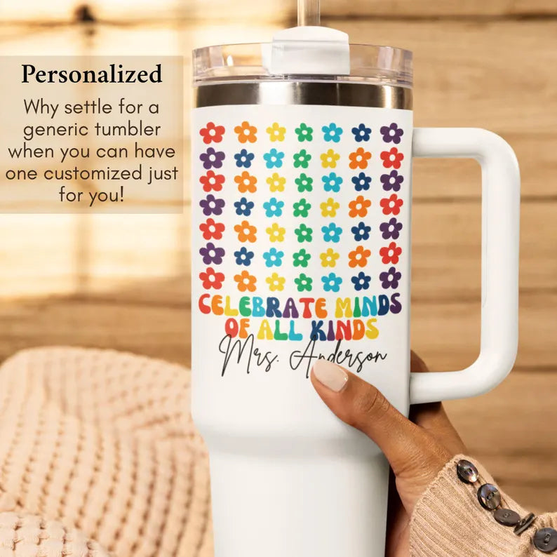 Autism Teacher Tumbler, Personalized Autism Teacher Gift 40oz Tumbler with Handle Autism Awareness Thank you Gift