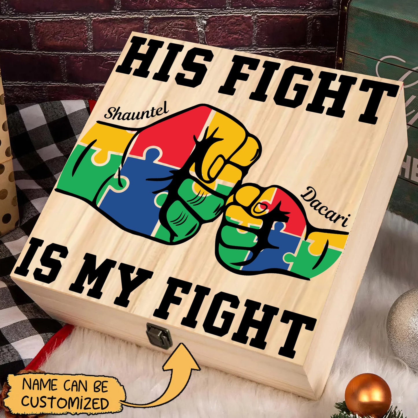 Personalized Name Wooden Keepsake Box – His Fight Is My Fight