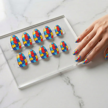 Puzzle Piece Autism Awareness Press-On Nails - Colorful False Nail Set