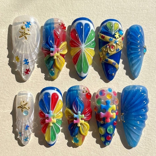 Autism Mom 3D Press-On Nails - Colorful Puzzle Design