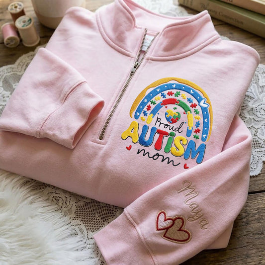 Personalized Autism Proud Mom Embroidered Zip Sweatshirt