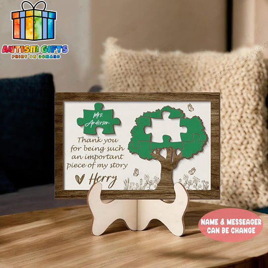 Personalized Teacher Gift Wooden Sign, Autism Teacher Gift From Little Student, Teacher Appreciation Gift, Custom Tree Puzzle Piece Sign