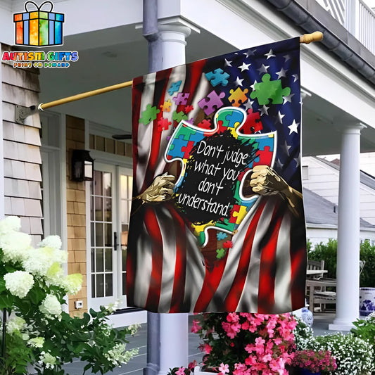 Don't Judge What You Don't Understand, Puzzle Piece, Autism American Awareness House Flag