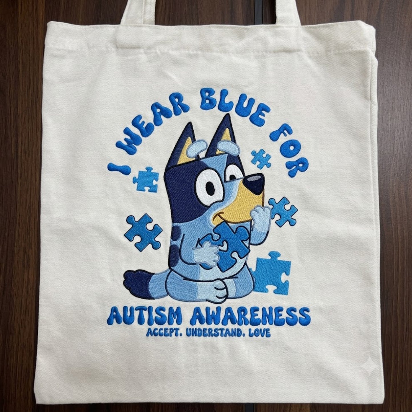 Premium Embroidered "I Wear Blue" Autism Awareness Canvas Tote Bag