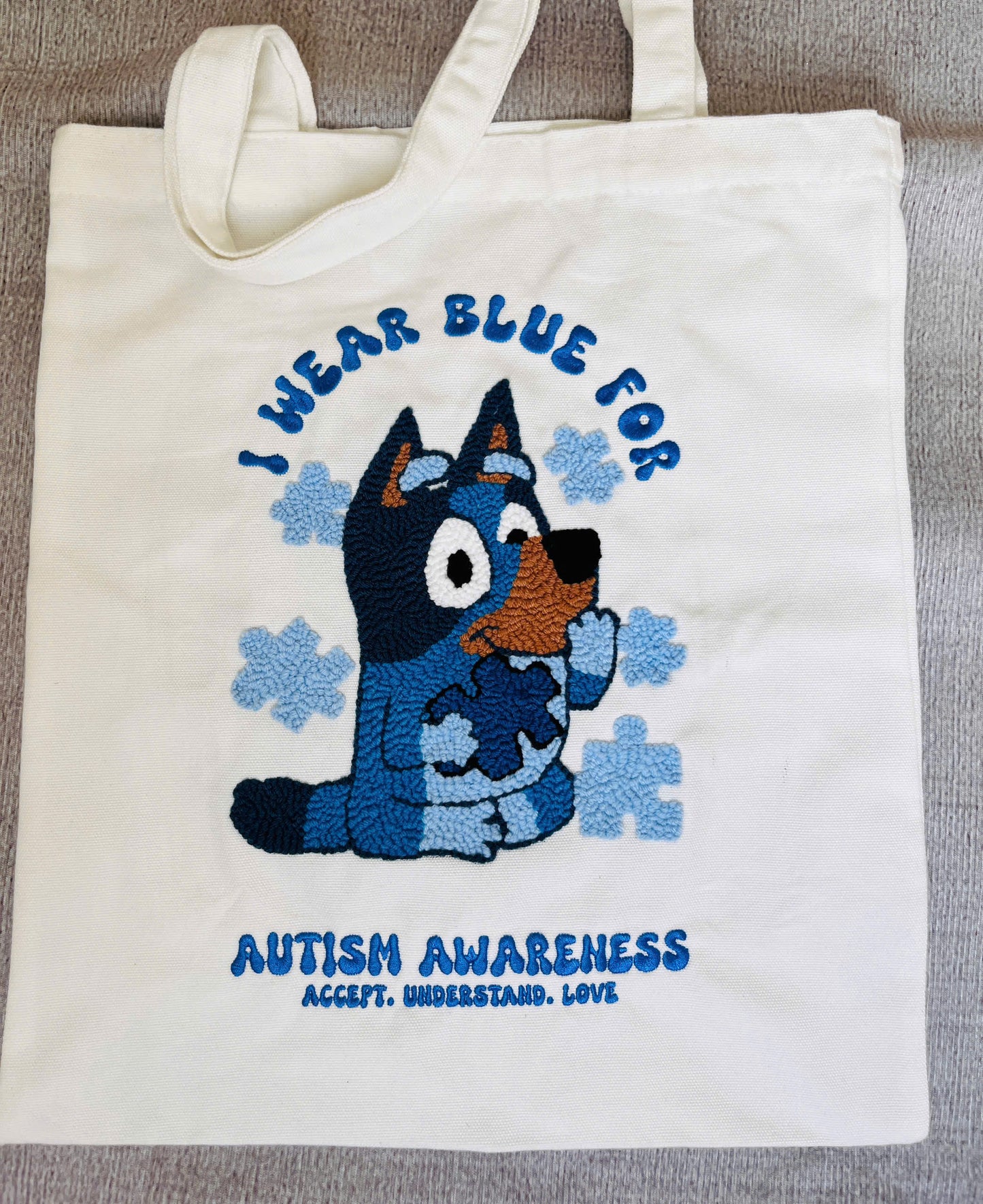 Autism Awareness Tote Bag – Handmade Punch Needle Canvas Bag | I Wear Blue For Autism